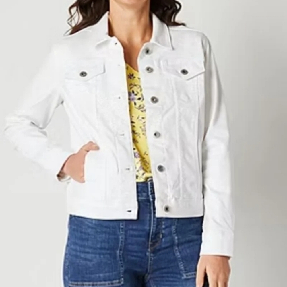 NWT Liz Claiborne Womens White Denim Midweight Tall Jean Jacket Sz XL TALL